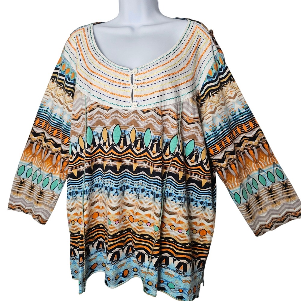 Parsley & Sage Tunic Women 3X Boho Embroidered Rayon Blouse Geometric Multi Art